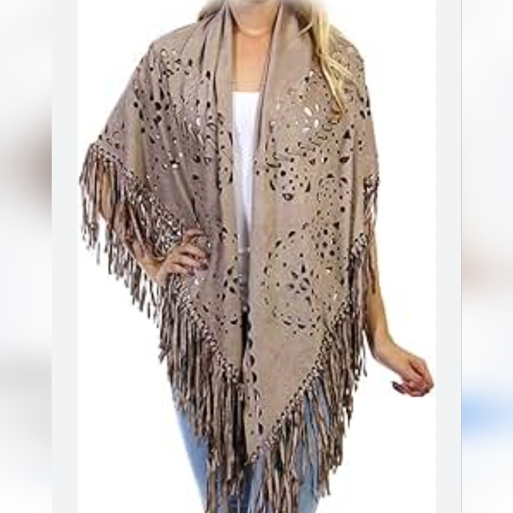 Do Everything in Love Tan Shawl with Cutout Design